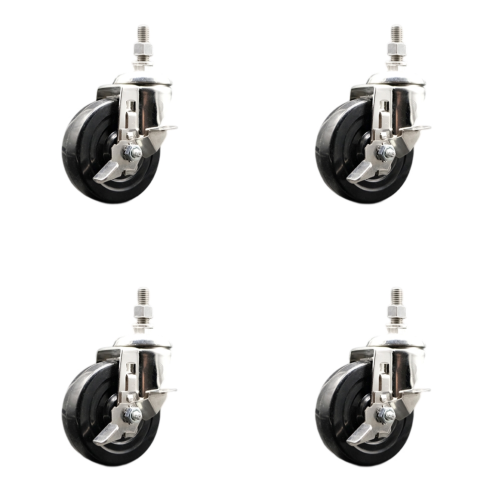 Soft Rubber Swivel Stem Caster with 4 in. Caster Wheels 0.38 in. Threaded Stems 316 Stainless Steel Casters - Set of 4