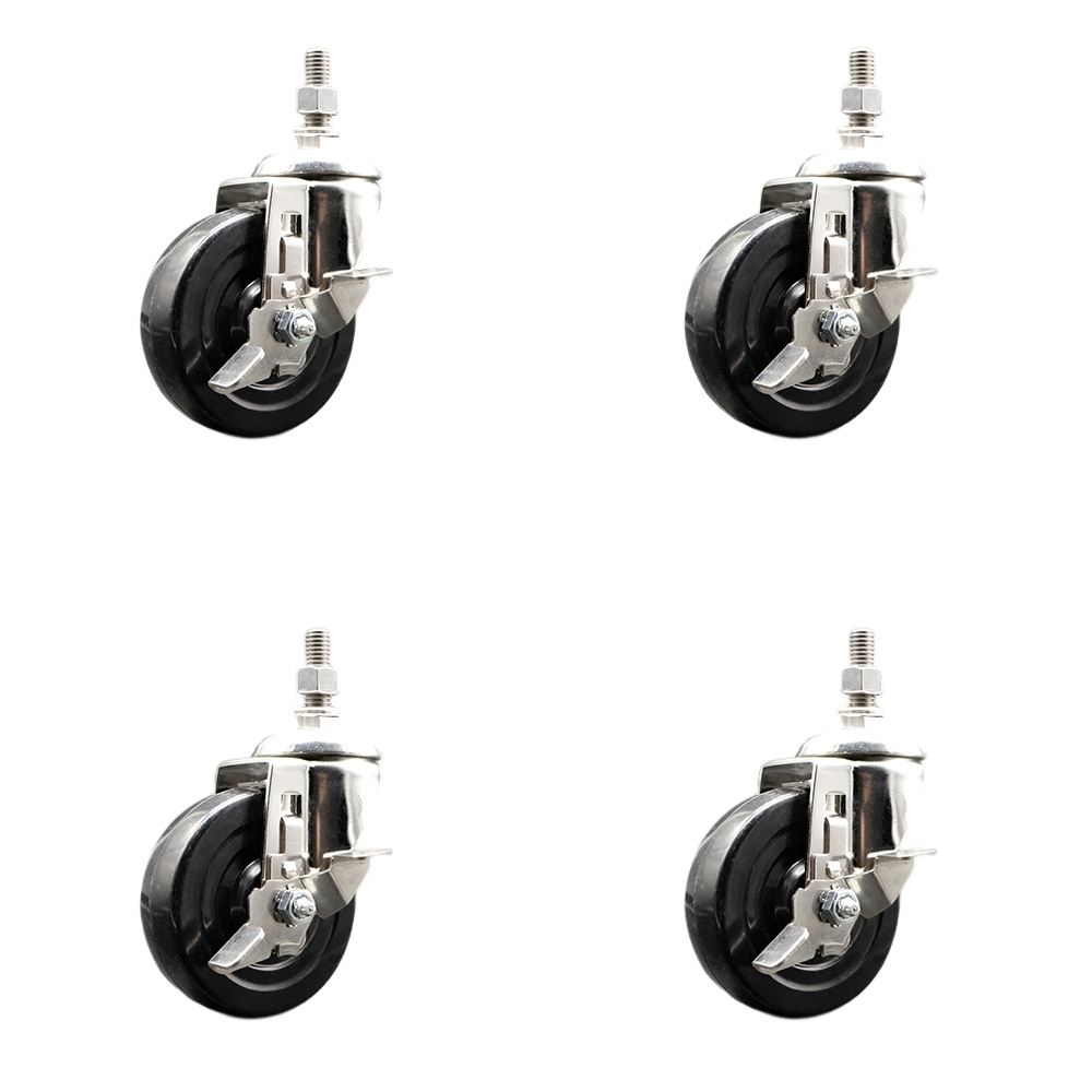 SCC-SS316TS20S414-SRS-TLB-M1015-4 Soft Rubber Swivel Stem Caster with 4 in. Caster Wheels 10 mm Threaded Stems 316 Stainless Steel Casters - Set of 4