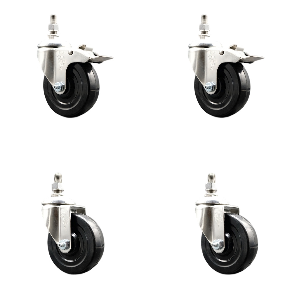 Soft Rubber Swivel Stem Caster with 4 in. Caster Wheels 10 mm Threaded Stems 316 Stainless Steel Caster - Set of 4