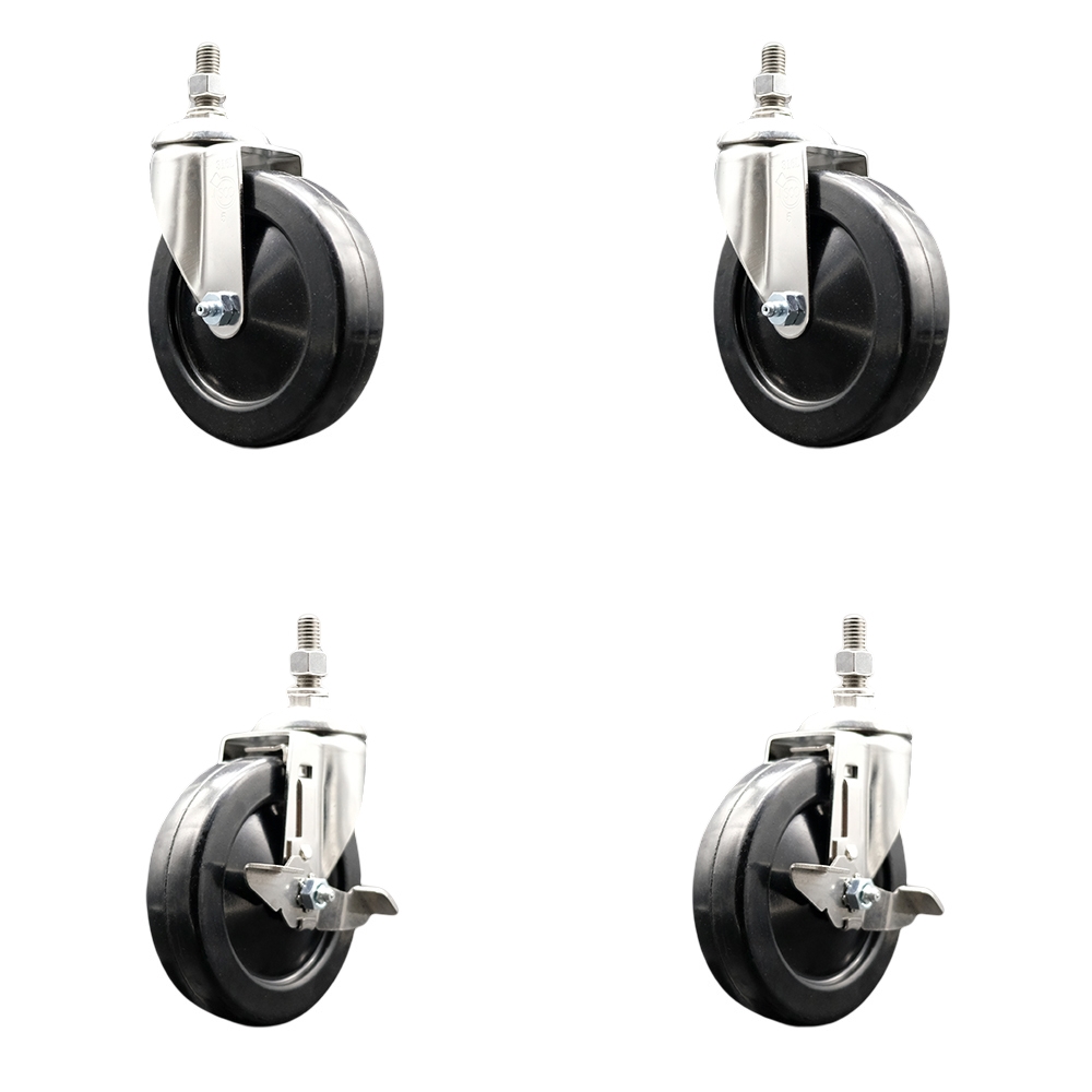 Soft Rubber Swivel Stem Caster with 5 in. Caster Wheels 10 mm Threaded Stems 316 Stainless Steel Casters - Set of 4