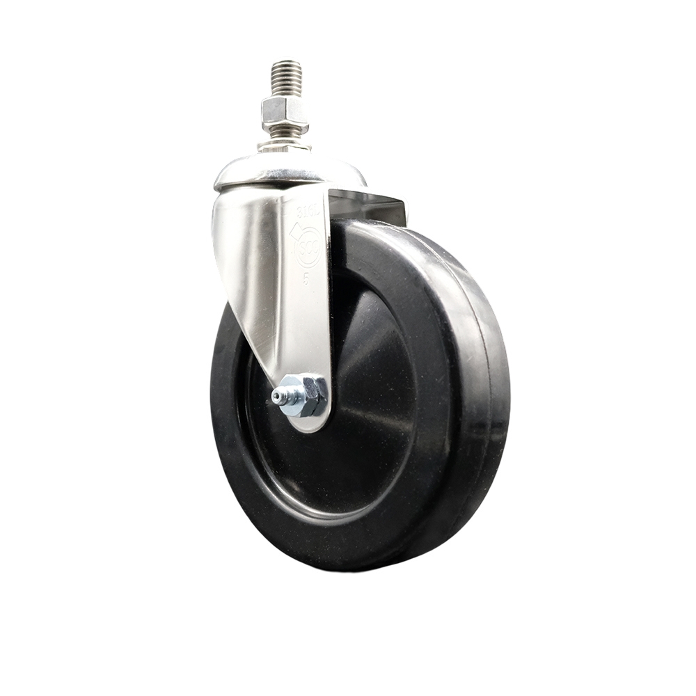 SCC-SS316TS20S514-SRS-M1215 Soft Rubber Swivel Stem Caster with 5 in. Black Caster Wheel 12 mm Threaded Stem 316 Stainless Steel Caster