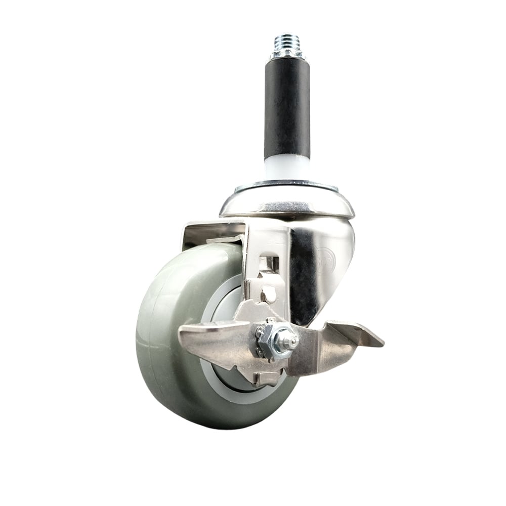 Polyurethane Swivel Stem Caster with 3 in. Gray Caster Wheels & Top Lock Brake, 0.87 in. Expanding Stem - 316 Stainless Steel Caster