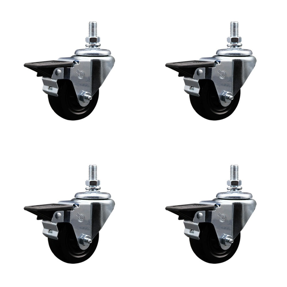 SCC-TS20S314-HRS-PLB-121315-4 Hard Rubber Swivel Threaded Stem Caster with 3 x 1.25 in. Black Wheels & 0.5 in. Stems - Set of 4