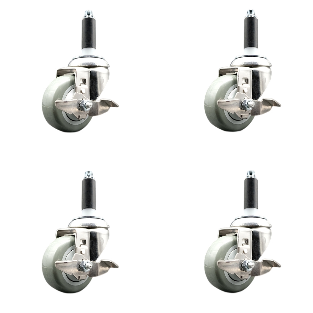 Polyurethane Swivel Stem Caster with 3 in. Gray Caster Wheels, 0.87 in. Expanding Stems - 316 Stainless Steel Casters - Set of 4