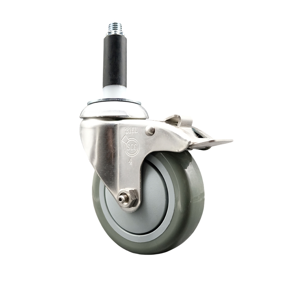 Polyurethane Swivel Stem Caster with 4 in. Gray Caster Wheels & Total Lock Brake, 0.87 in. Expanding Stem - 316 Stainless Steel Caster