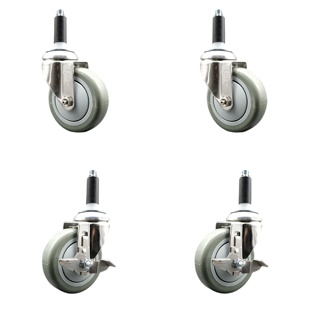 Polyurethane Swivel Stem Caster with 4 in. Gray Caster Wheels, 0.87 in. Expanding Stems - 316 Stainless Steel Casters - Set of 4