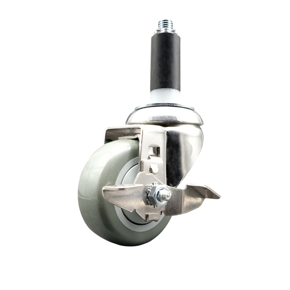 Polyurethane Swivel Stem Caster with 3 in. Gray Caster Wheels & Top Lock Brake, 1 in. Expanding Stem - 316 Stainless Steel Caster