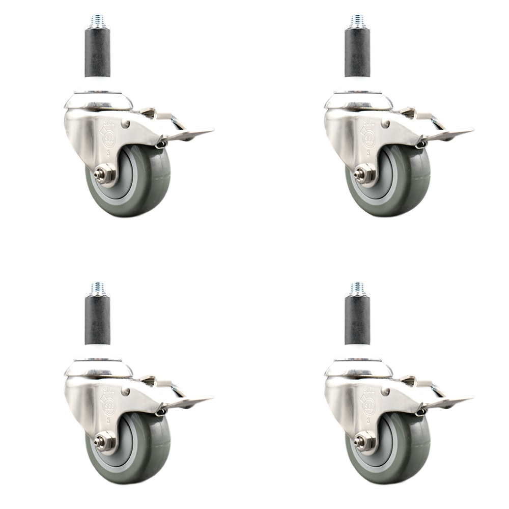 Polyurethane Swivel Stem Caster with 3.5 in. Gray Caster Wheels, 1 in. Expanding Stems - 316 Stainless Steel Casters - Set of 4