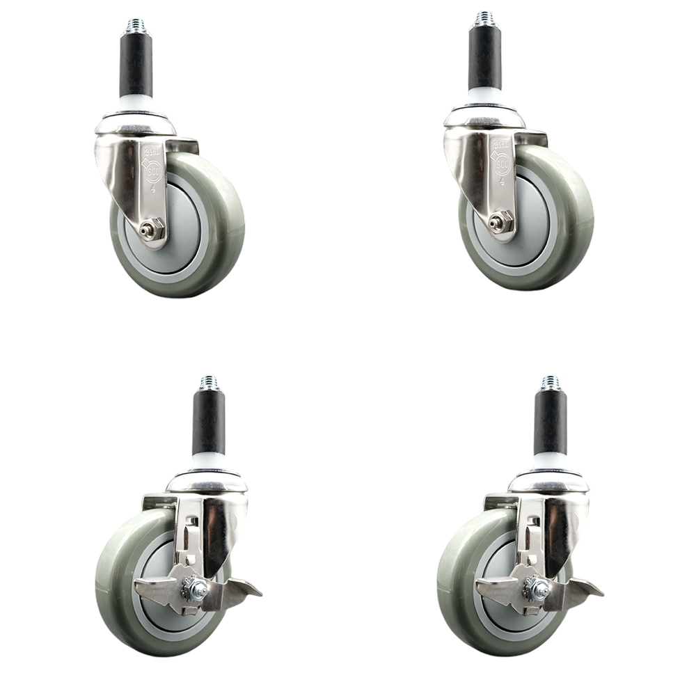 Polyurethane Swivel Stem Caster with 4 in. Gray Caster Wheels, 1 in. Expanding Stems - 316 Stainless Steel Casters - Set of 4