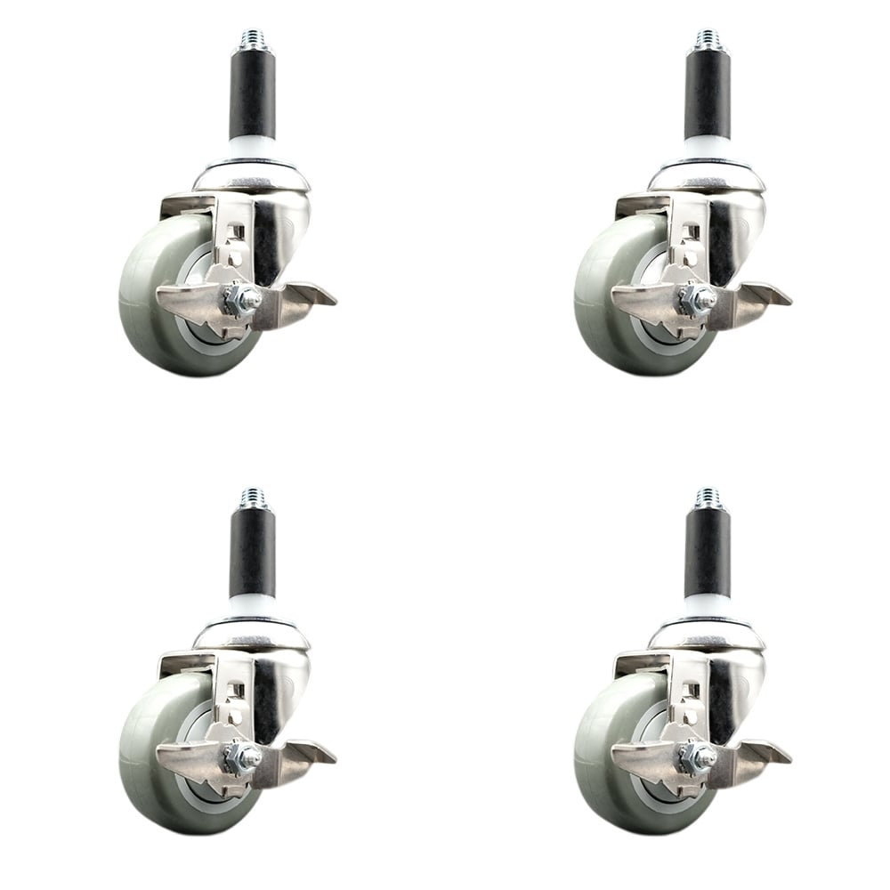 Polyurethane Swivel Stem Caster with 3 in. Gray Caster Wheels, 1.13 in. Expanding Stems - 316 Stainless Steel Casters - Set of 4