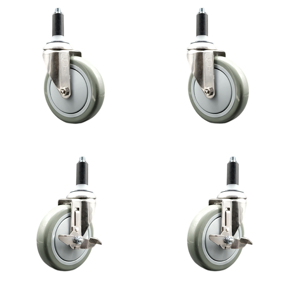 Polyurethane Swivel Stem Caster with 5 in. Gray Caster Wheels, 1.13 in. Expanding Stems - 316 Stainless Steel Casters - Set of 4