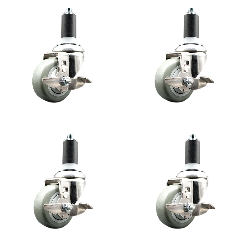 Polyurethane Swivel Stem Caster with 3.5 in. Gray Caster Wheels, 1.25 in. Expanding Stems - 316 Stainless Steel Casters - Set of 4