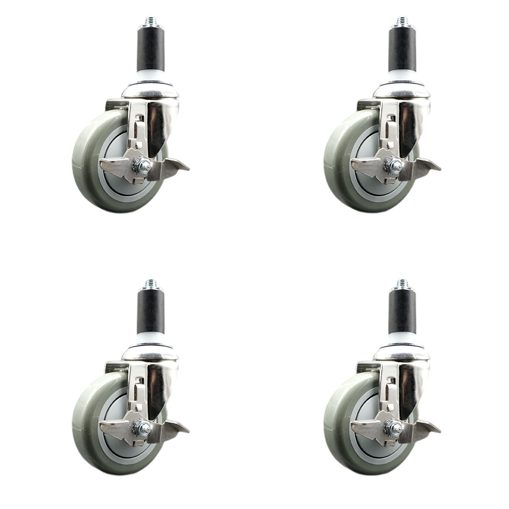 Polyurethane Swivel Stem Caster with 4 in. Gray Caster Wheels, 1.25 in. Expanding Stems - 316 Stainless Steel Casters - Set of 4