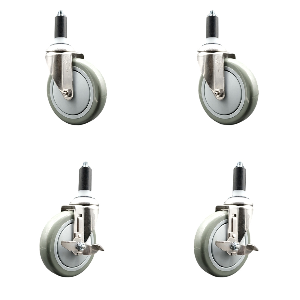 Polyurethane Swivel Stem Caster with 5 in. Gray Caster Wheels, 1.25 in. Expanding Stems - 316 Stainless Steel Casters - Set of 4