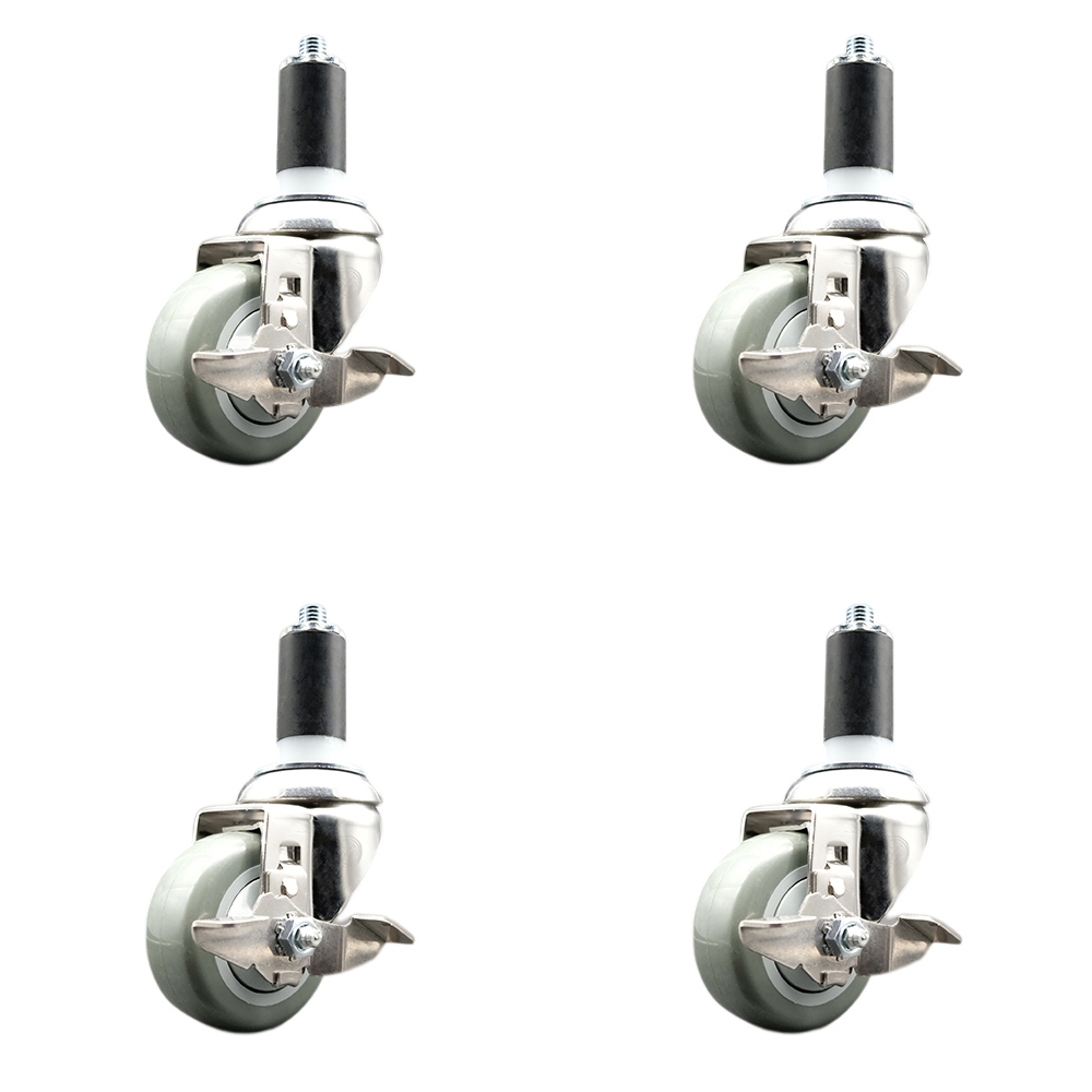 Polyurethane Swivel Stem Caster with 3 in. Gray Caster Wheels, 1.38 in. Expanding Stems - 316 Stainless Steel Casters - Set of 4