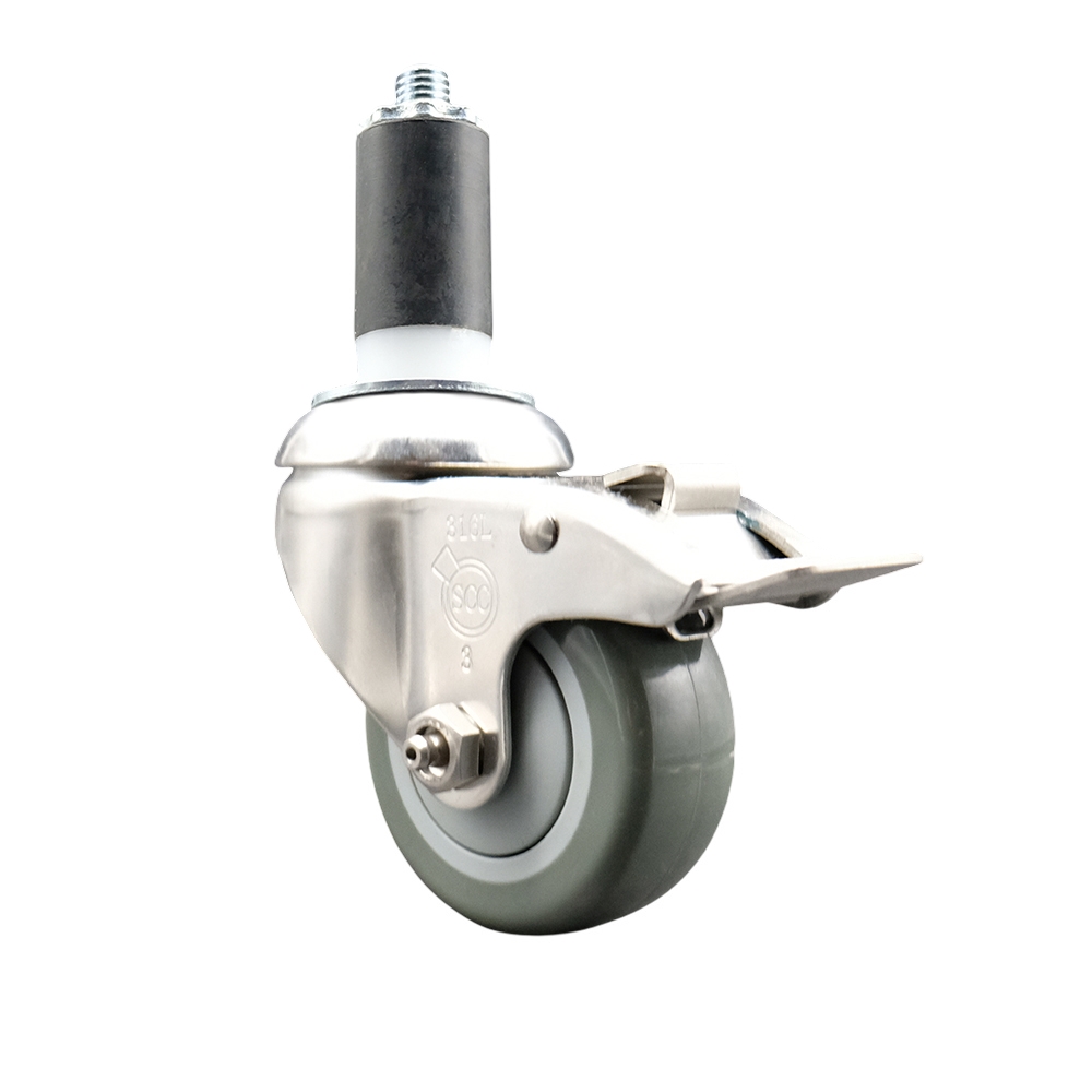 Polyurethane Swivel Stem Caster with 3.5 in. Gray Caster Wheels & Total Lock Brake, 1.38 in. Expanding Stem - 316 Stainless Steel Caster