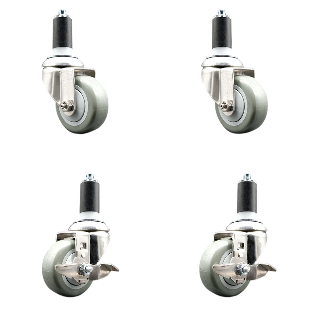 Polyurethane Swivel Stem Caster with 3.5 in. Gray Caster Wheels, 1.38 in. Expanding Stems - 316 Stainless Steel Casters - Set of 4