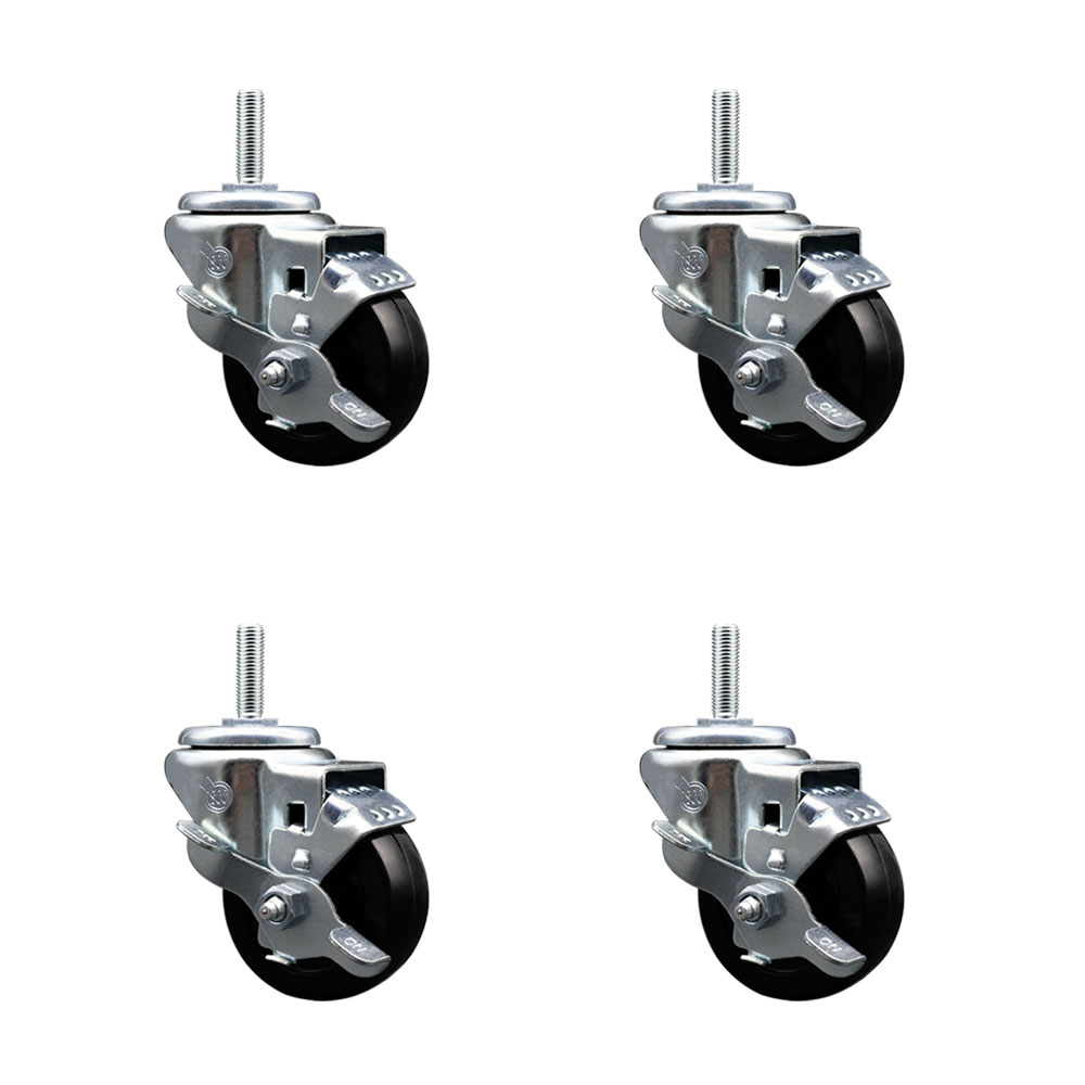 SCC-TS20S314-HRS-TLB-34212-4 Hard Rubber Swivel Threaded Stem Caster with 3 x 1.25 in. Black Wheels & 0.75 in. Stems - Set of 4