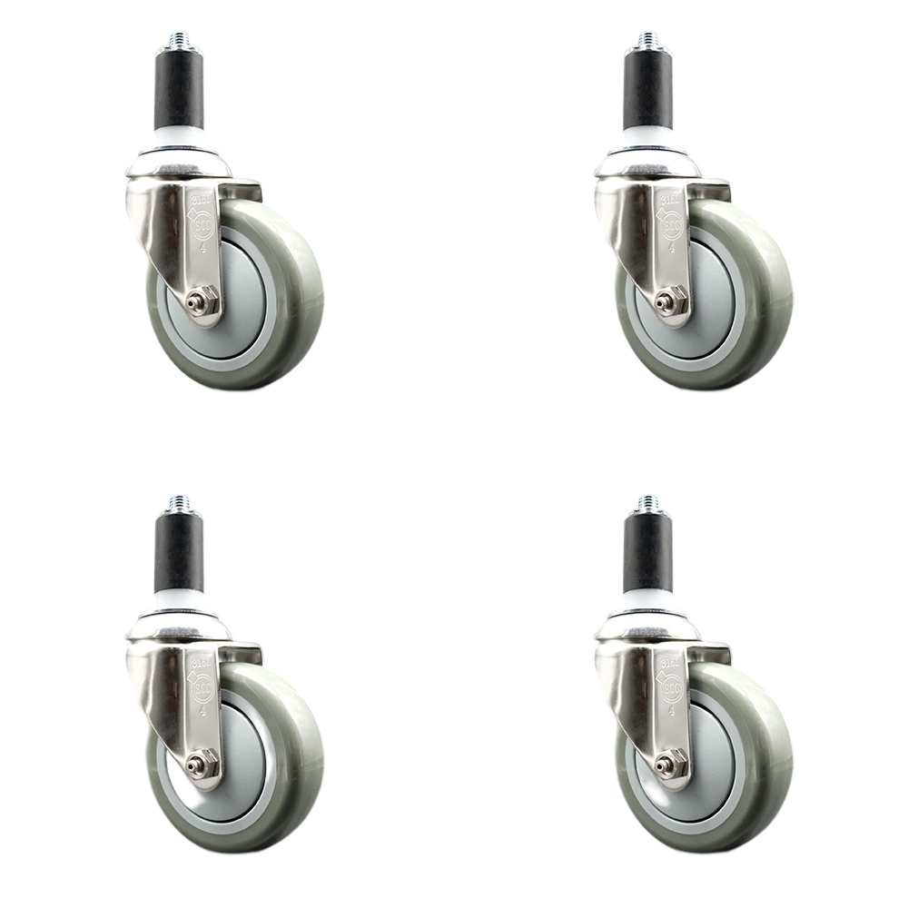 Polyurethane Swivel Stem Caster with 4 in. Gray Caster Wheels, 1.38 in. Expanding Stems - 316 Stainless Steel Casters - Set of 4