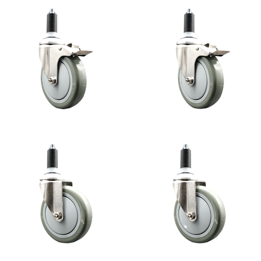 Polyurethane Swivel Stem Caster with 5 in. Gray Caster Wheels, 1.38 in. Expanding Stem - 316 Stainless Steel Casters - Set of 4