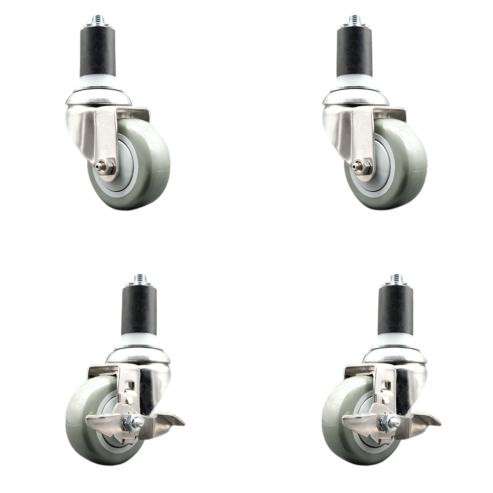 Polyurethane Swivel Stem Caster with 3 in. Gray Caster Wheels, 1.63 in. Expanding Stems - 316 Stainless Steel Casters - Set of 4