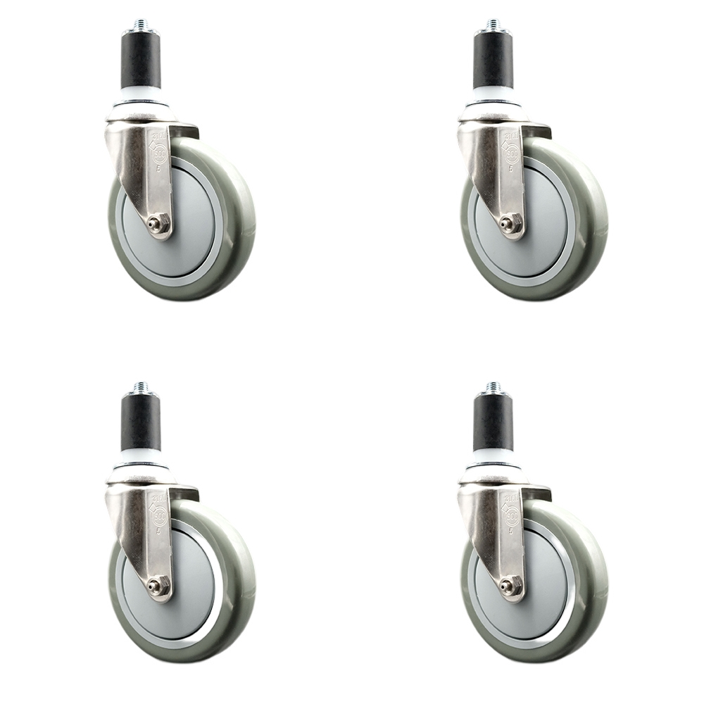 Polyurethane Swivel Stem Caster with 5 in. Gray Caster Wheels, 1.63 in. Expanding Stems - 316 Stainless Steel Casters - Set of 4