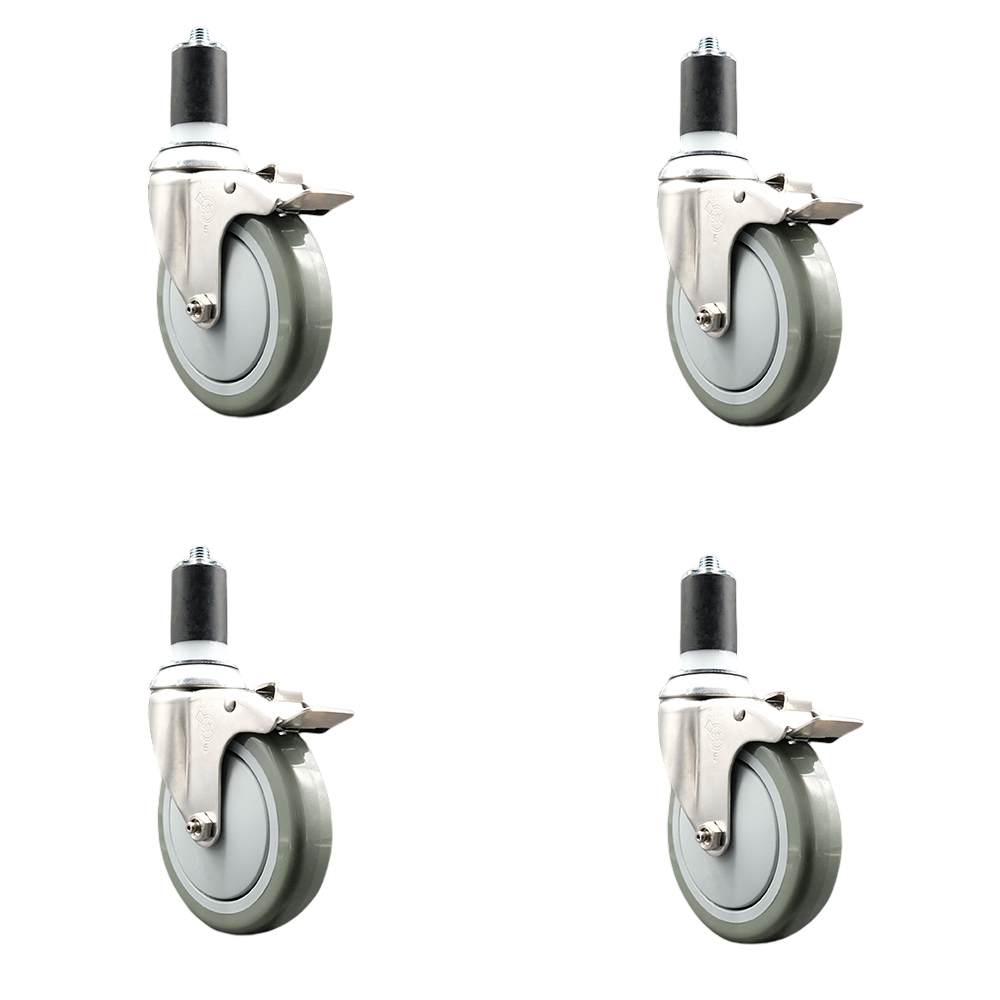 Polyurethane Swivel Stem Caster with 5 in. Gray Caster Wheels, 1.63 in. Expanding Stems - 316 Stainless Steel Casters - Set of 4