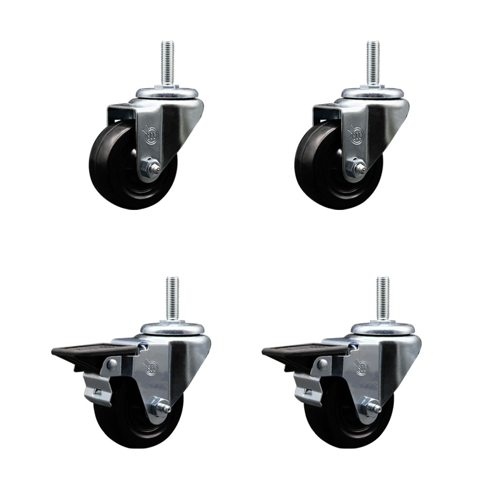 SCC-TS20S314-HRS-34212-2-PLB-2 Hard Rubber Swivel Threaded Stem Caster with 3 x 1.25 in. Black Wheels & 0.75 in. Stems - Set of 4