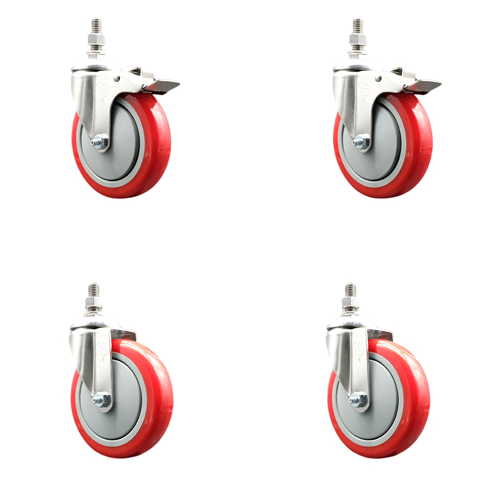 Poly Swivel Stem Caster with 5 in. Red Caster Wheels, 0.38 in. Threaded Stems - 316 Stainless Steel Casters - Set of 4