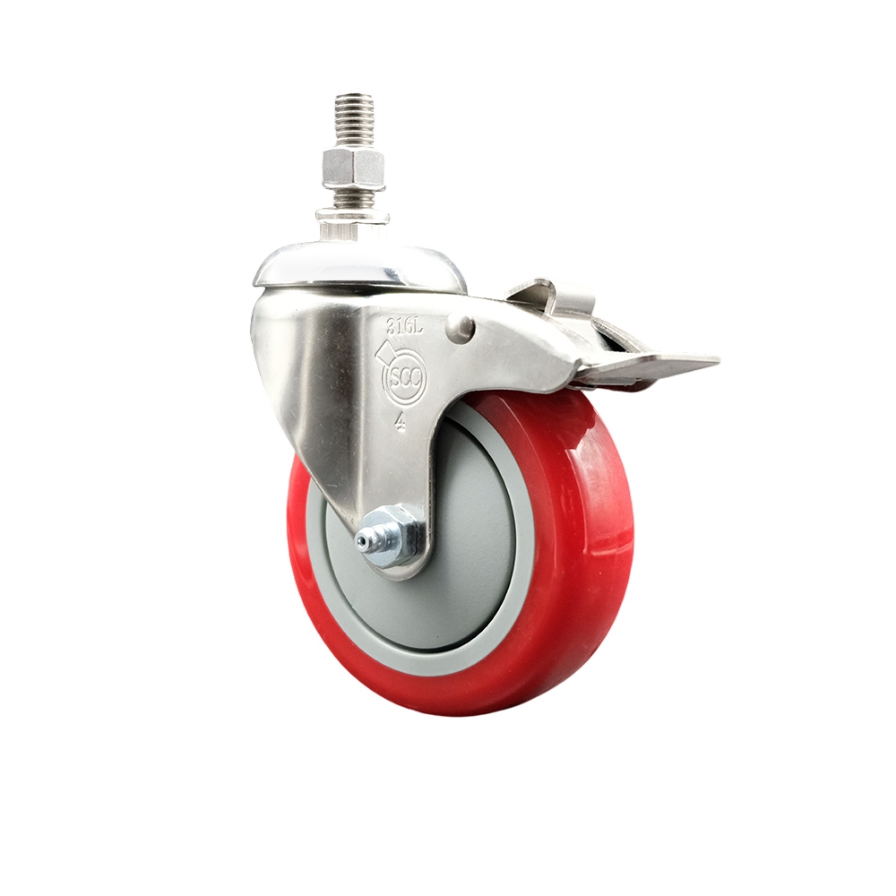 Polyurethane Swivel Stem Caster with 4 in. Red Caster Wheels & Top Lock Brake, 10 mm Threaded Stem - 316 Stainless Steel Caster