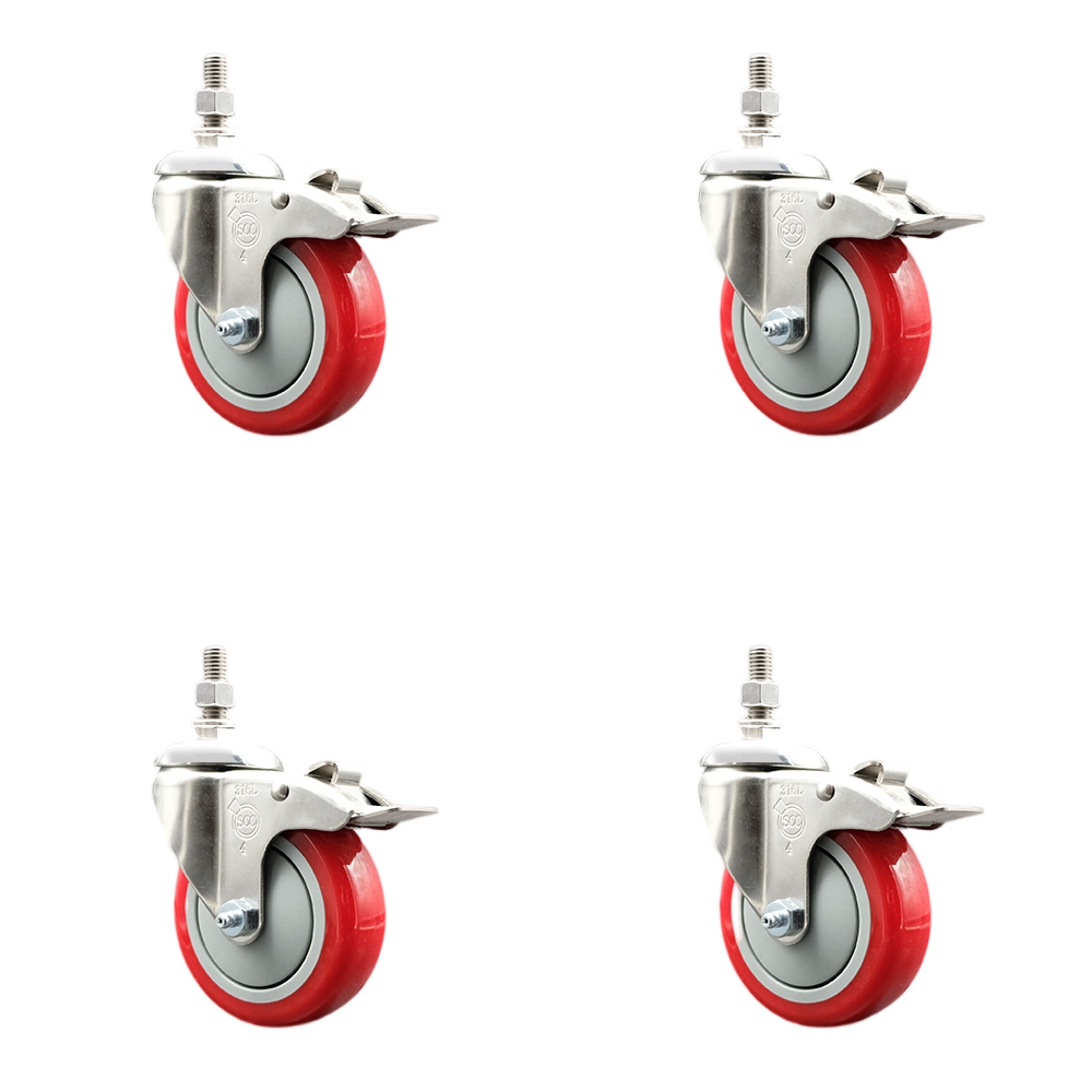 Polyurethane Swivel Stem Caster with 4 in. Red Caster Wheels, 10 mm Threaded Stems - 316 Stainless Steel Casters - Set of 4