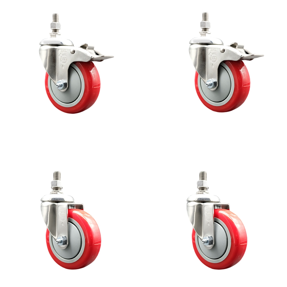 Poly Swivel Stem Caster with 4 in. Red Caster Wheels, 12 mm Threaded Stems - 316 Stainless Steel Casters - Set of 4
