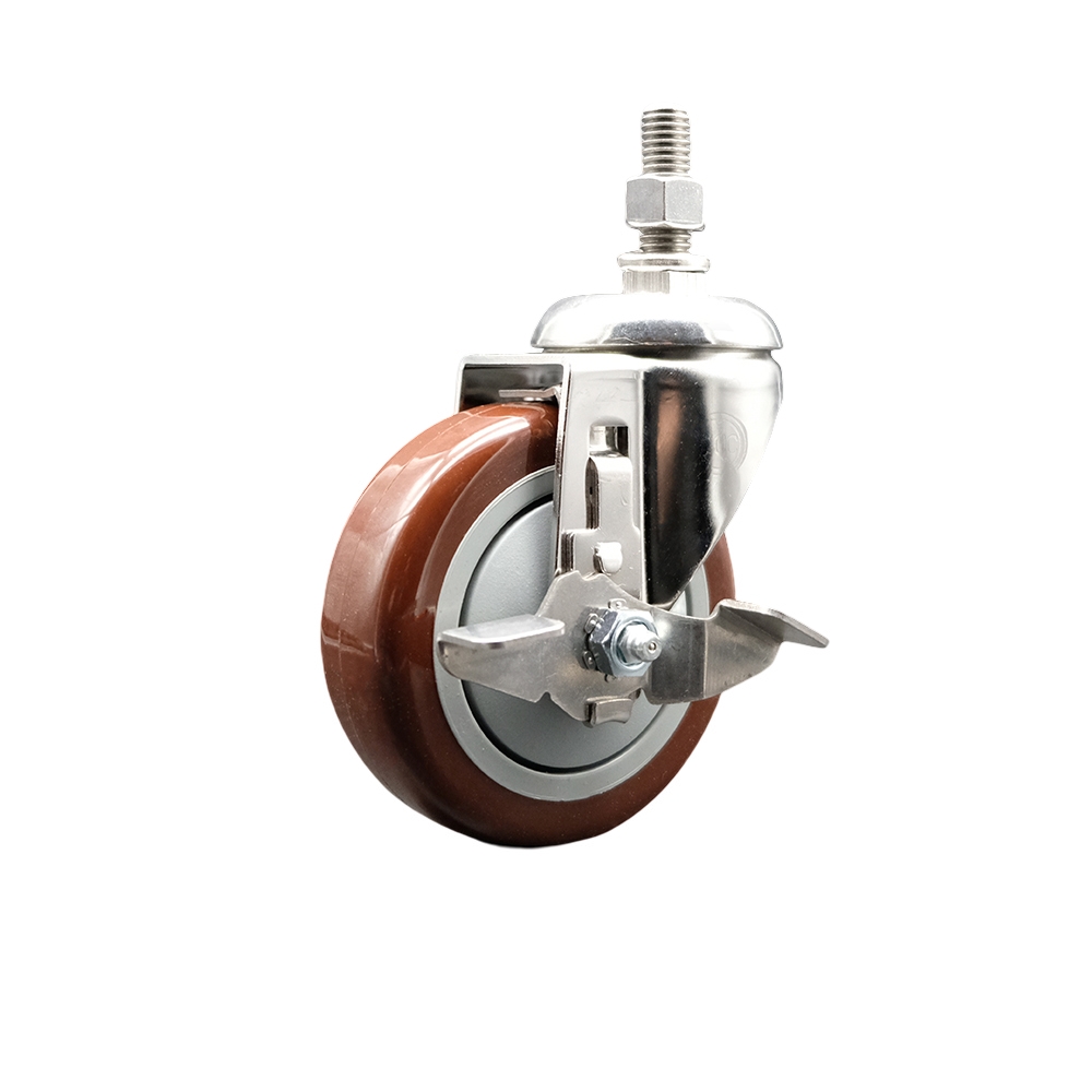 Polyurethane Swivel Stem Caster with 4 in. Maroon Caster Wheels & Top Lock Brake, 0.5 in. Threaded Stem - 316 Stainless Steel Caster