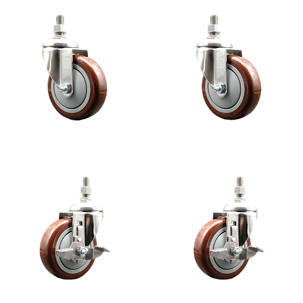 Poly Swivel Stem Caster with 4 in. Maroon Caster Wheels, 10 mm Threaded Stems - 316 Stainless Steel Casters - Set of 4