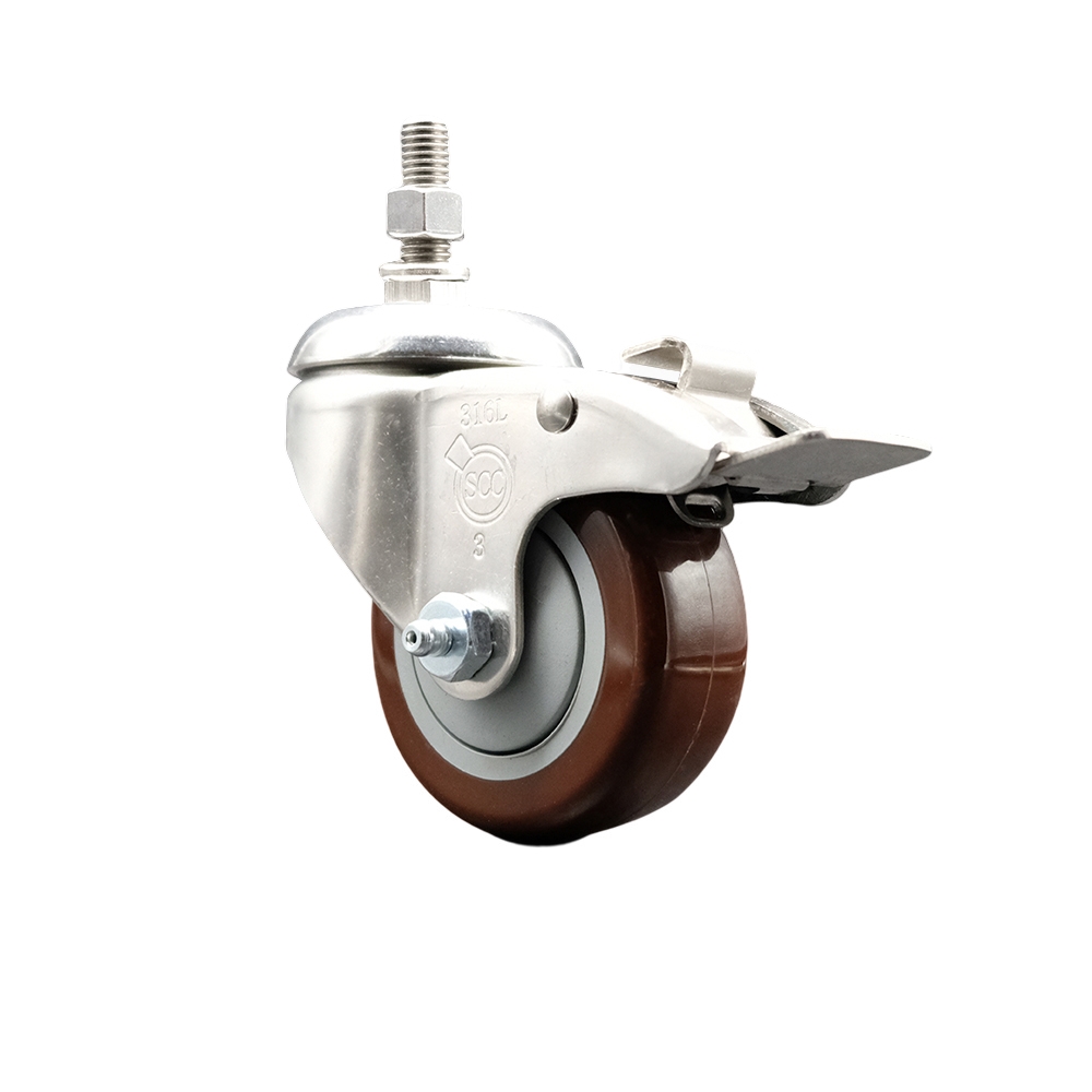 Polyurethane Swivel Stem Caster with 3.5 in. Maroon Caster Wheels & Total Lock Brake, 12 mm Threaded Stem - 316 Stainless Steel Caster