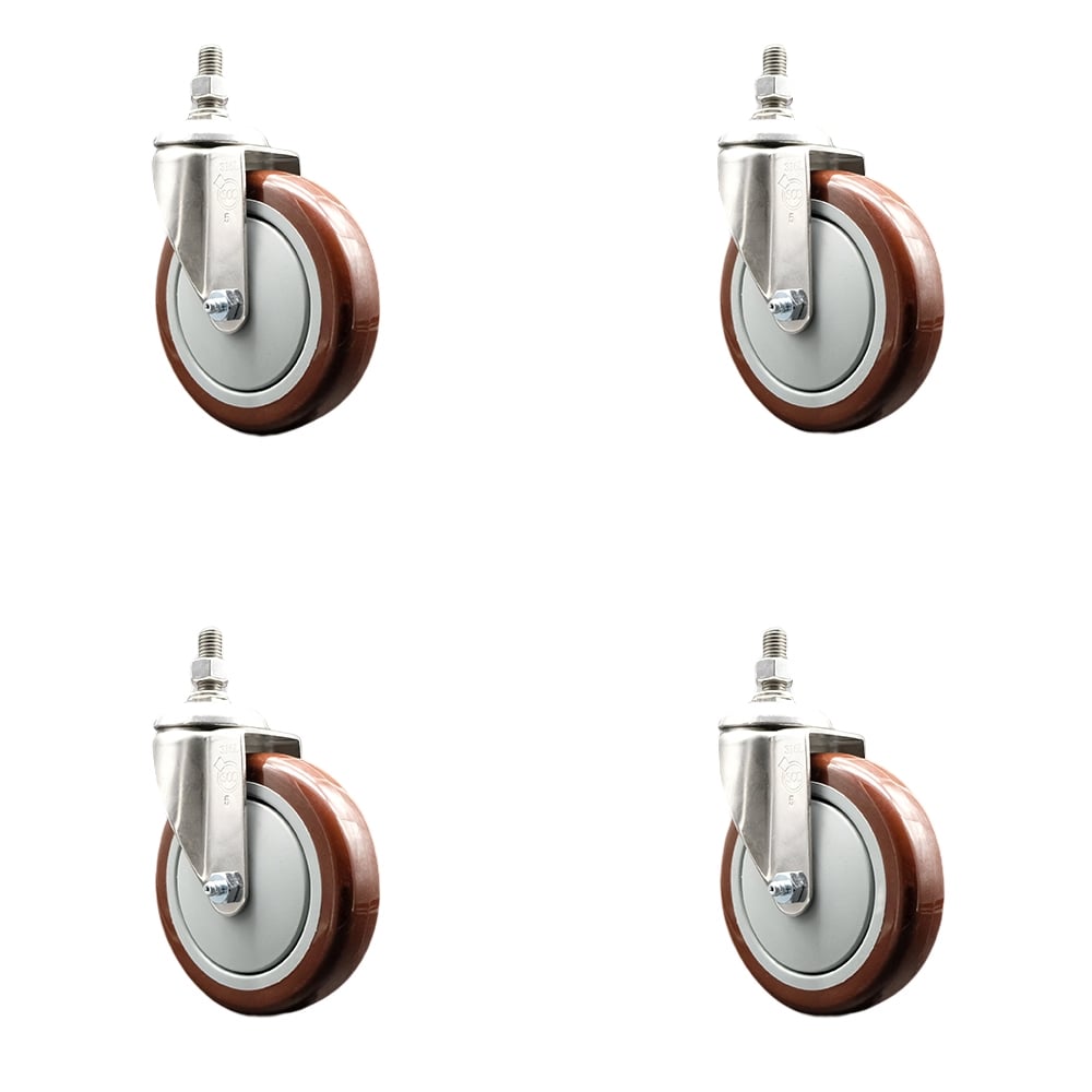 Polyurethane Swivel Stem Caster with 5 in. Maroon Caster Wheels, 12 mm Threaded Stems - 316 Stainless Steel Casters - Set of 4