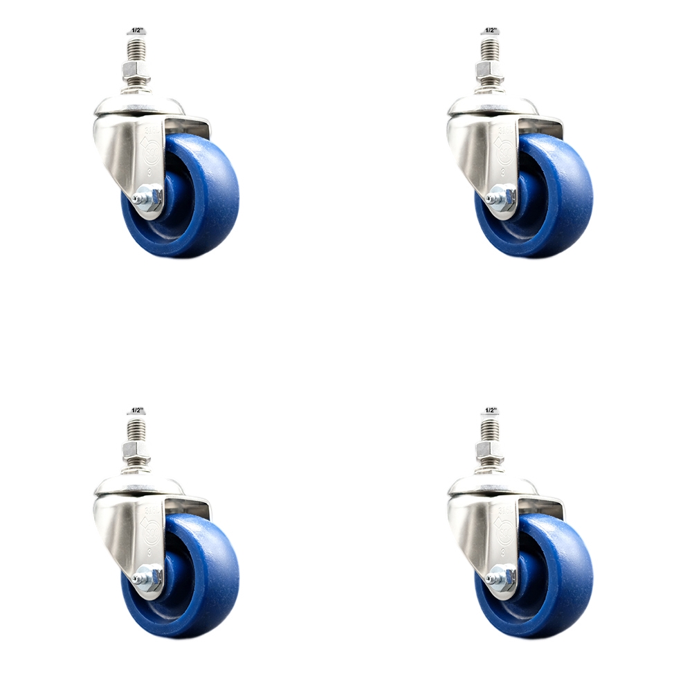 Solid Polyurethane Swivel Stem Caster with 3.5 in. Caster Wheels, 0.5 in. Threaded Stems - 316 Stainless Steel Casters - Set of 4