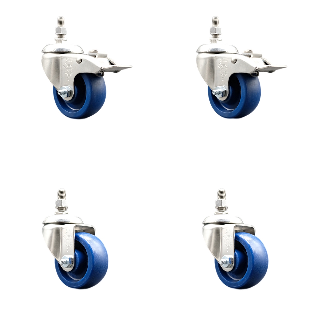 Solid Poly Swivel Stem Caster with 3.5 in. Caster Wheels, 0.5 in. Threaded Stems - 316 Stainless Steel Casters - Set of 4