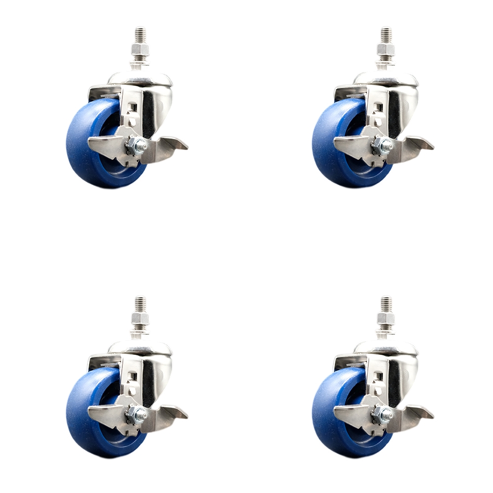 Solid Polyurethane Swivel Stem Caster with 3 in. Caster Wheels, 0.38 in. Threaded Stems - 316 Stainless Steel Casters - Set of 4