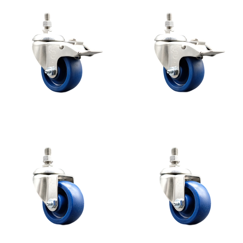 Solid Poly Swivel Stem Caster with 3.5 in. Caster Wheels, 0.38 in. Threaded Stems - 316 Stainless Steel Casters - Set of 4