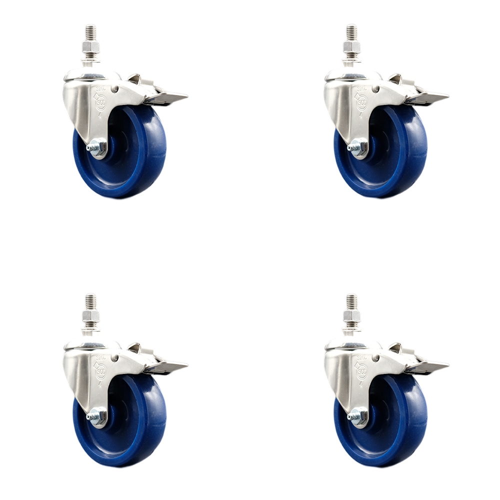 Solid Polyurethane Swivel Stem Caster with 4 in. Caster Wheels, 0.38 in. Threaded Stems - 316 Stainless Steel Casters - Set of 4