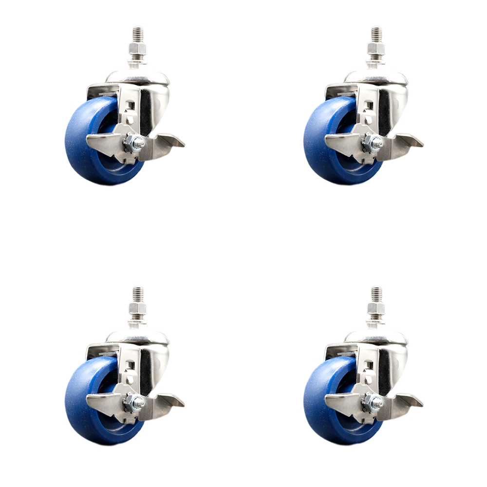 Solid Polyurethane Swivel Stem Caster with 3 in. Caster Wheels, 10 mm Threaded Stems - 316 Stainless Steel Casters - Set of 4