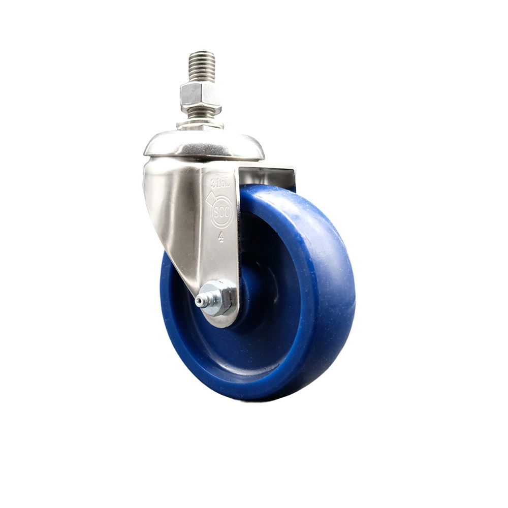 Solid Polyurethane Swivel Stem Caster with 4 in. Blue Caster Wheels, 10 mm Threaded Stem - 316 Stainless Steel Caster