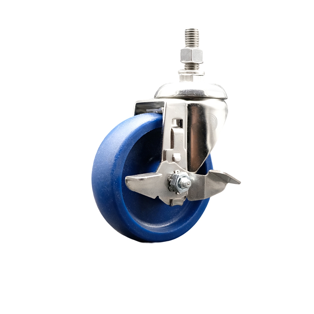 Solid Polyurethane Swivel Stem Caster with 4 in. Blue Caster Wheels & Top Lock Brake, 10 mm Threaded Stem - 316 Stainless Steel Caster