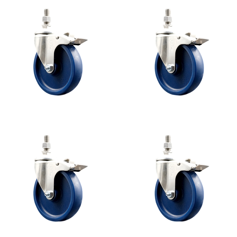 Solid Polyurethane Swivel Stem Caster with 5 in. Caster Wheels, 10 mm Threaded Stems - 316 Stainless Steel Casters - Set of 4