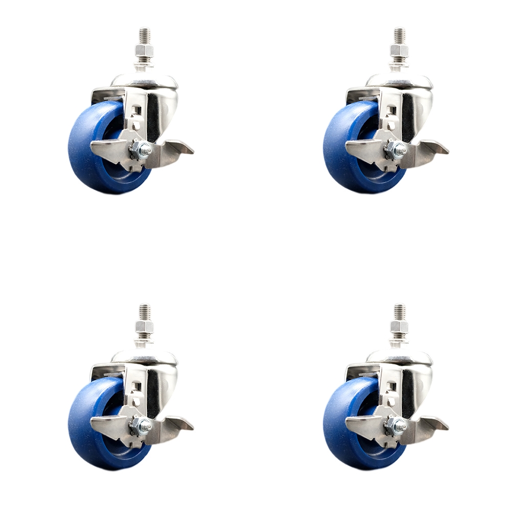 Solid Polyurethane Swivel Stem Caster with 3 in. Caster Wheels, 12 mm Threaded Stems - 316 Stainless Steel Casters - Set of 4