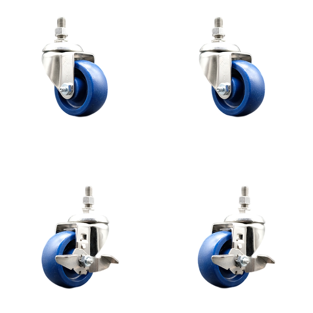 Solid Poly Swivel Stem Caster with 3 in. Caster Wheels, 12 mm Threaded Stems - 316 Stainless Steel Casters - Set of 4