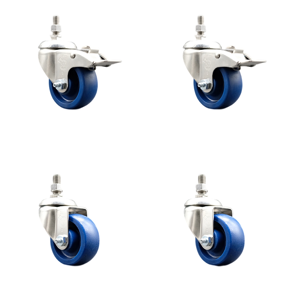 Solid Poly Swivel Stem Caster with 3 in. Caster Wheels, 12 mm Threaded Stems - 316 Stainless Steel Casters - Set of 4