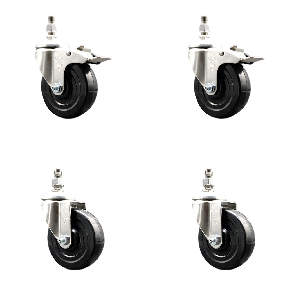 Soft Rubber Swivel Stem Caster with 4 in. Caster Wheels 0.38 in. Threaded Stems 316 Stainless Steel Casters - Set of 4