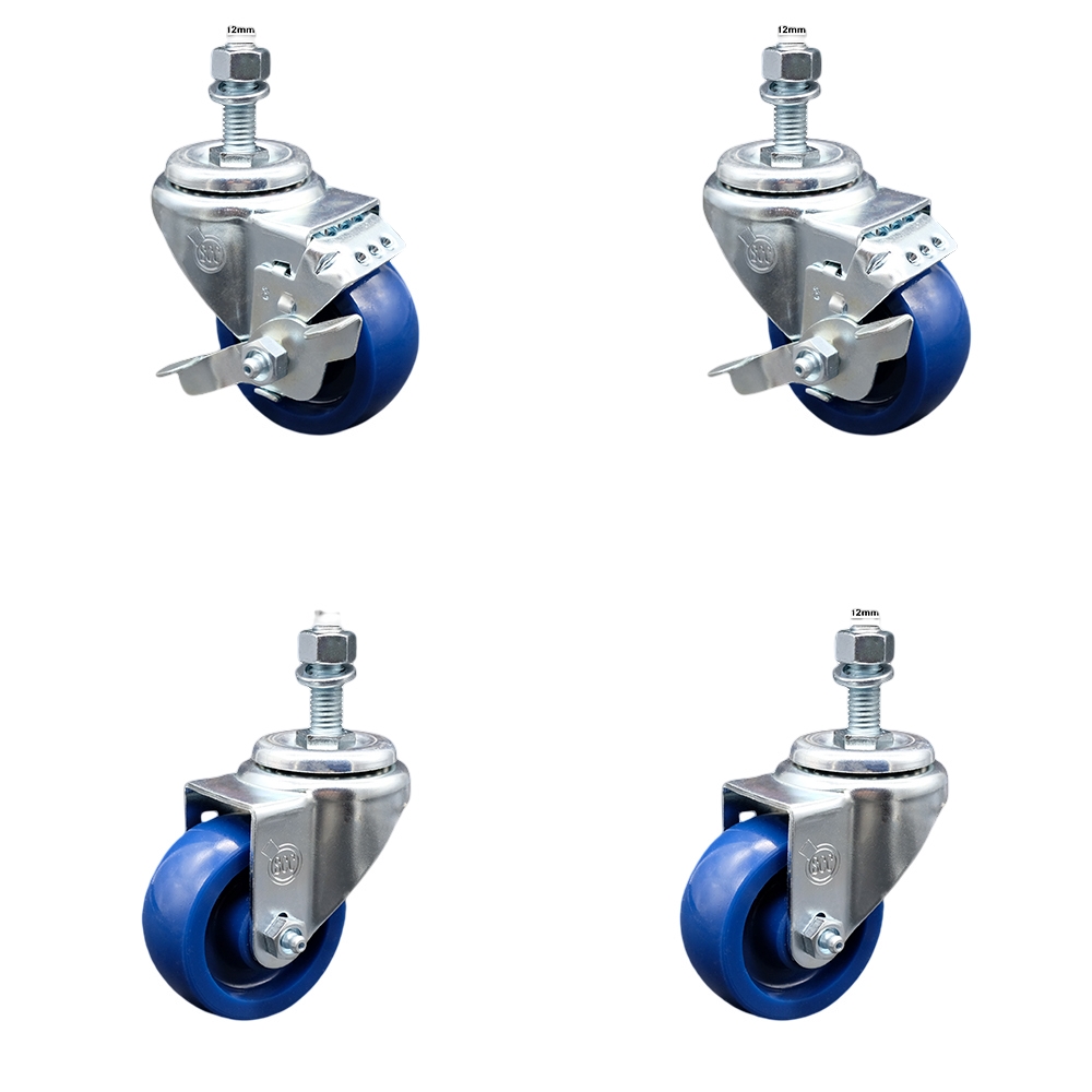SCC-TS20S314-SPUS-M1215-2-TLB-2 Solid Polyurethane Swivel Threaded Stem Caster with 3 x 1.25 in. Blue Wheels & 12 mm Stems - Set of 4